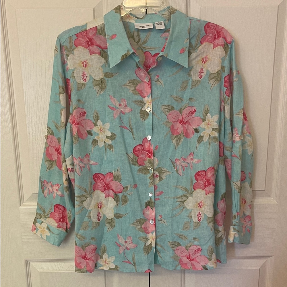 Parisian Works 2pc Woman’s Linen Floral ButtonDown Shirt Pink White Teal Size 2X